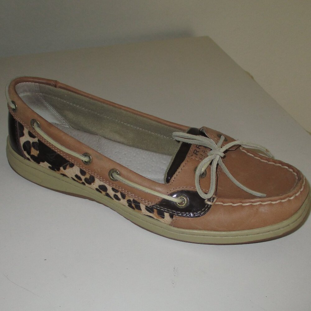 Sperry Top-Sider Womens Tan Leather Animal Print Boat Deck Moccasin Shoe - 9.5M